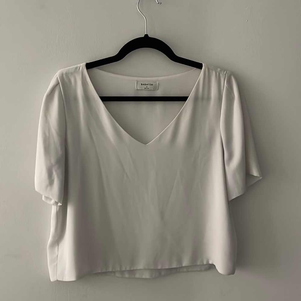 Aritzia Babaton White V Neck Blouse